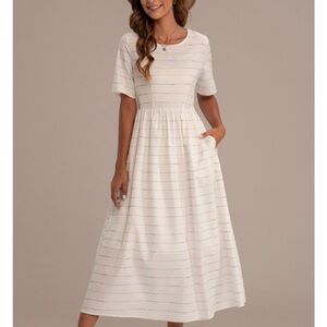 Petallush Cream Midi Dress with Subtle Stripes